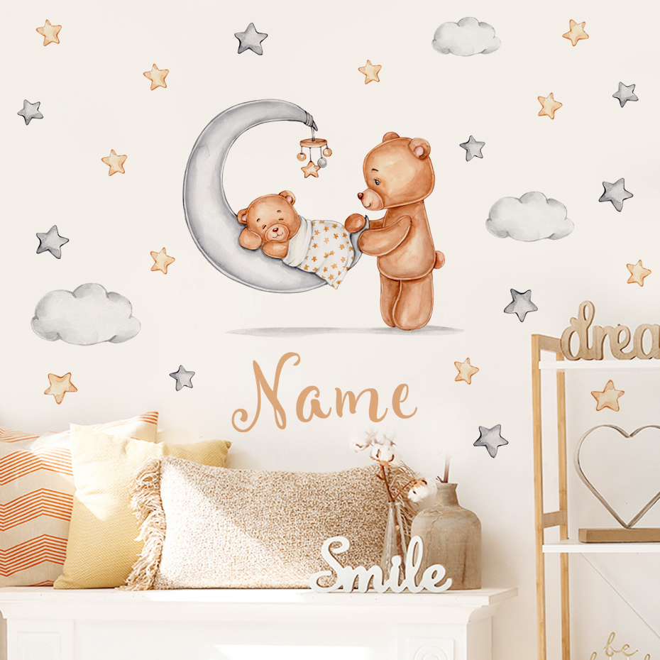 Baby Nursery Set Furniture - Custom Name Cartoon Bear Moon Sleeping