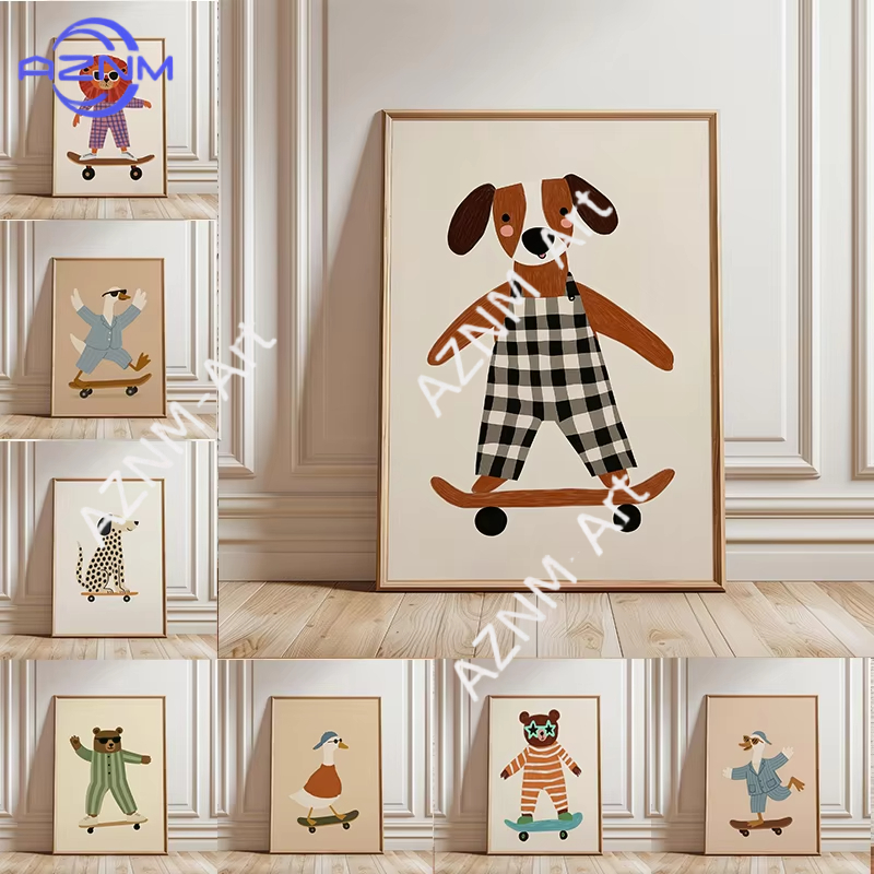 Baby Nursery Posters - 1PC Funny Animal Skateboarding Poster Trendy