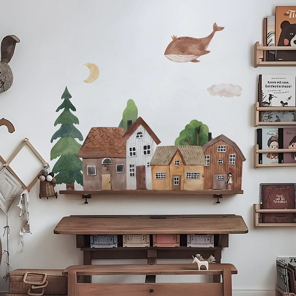 Baby Nursery Vinyl - Fabric Cartoon Forest Vintage Town Wall