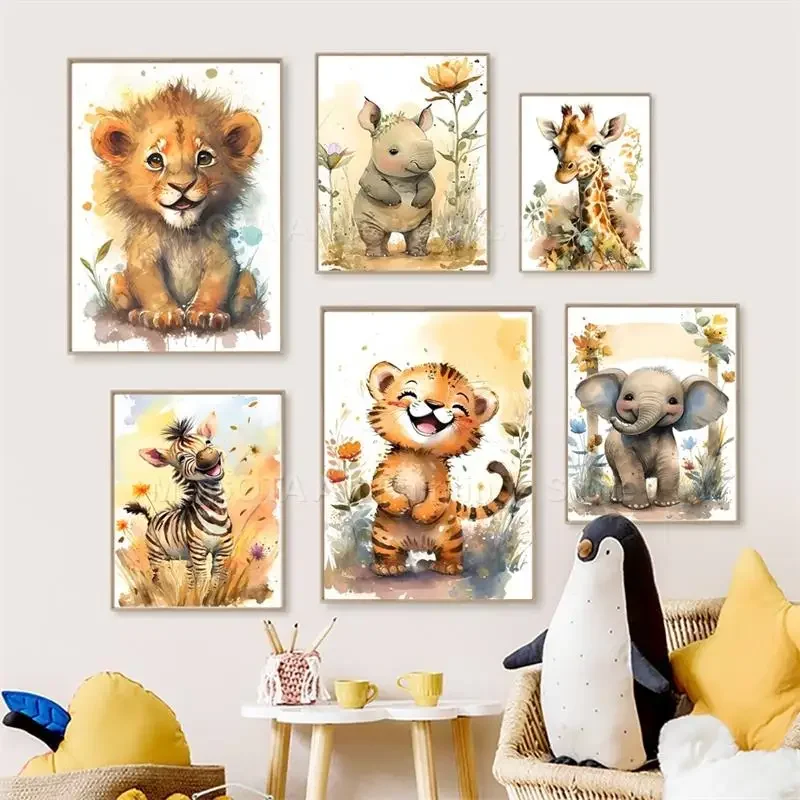Watercolor Lion Giraffe Tiger  - огляд і ціна Baby Nursery Animal Prints